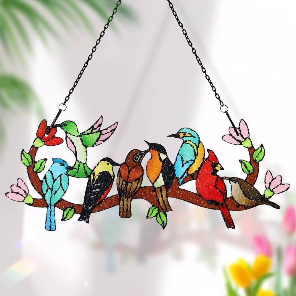 Birds On Branch Stained Glass Suncatcher Cardinal Hummingbird Kingfisher Double
